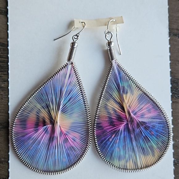 Large Teardrop Dangling Multicolor String Wrapped Earrings - Picture 3 of 14